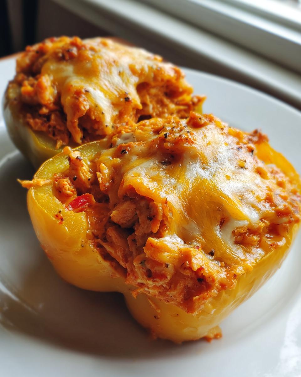 Two halves of a yellow bell pepper filled with buffalo chicken mixture and topped with melted cheese, ready to eat.