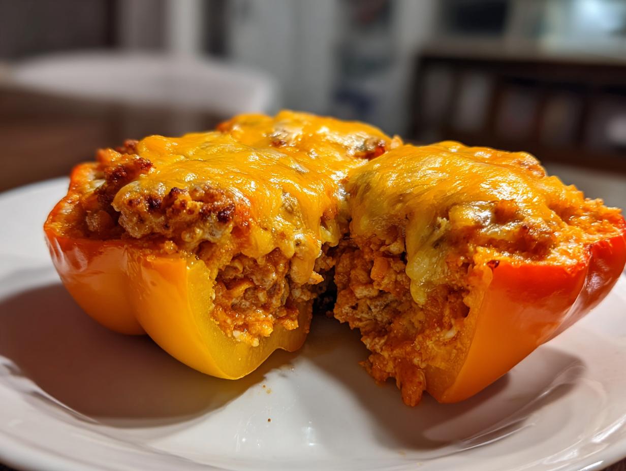 A close-up of a halved buffalo chicken stuffed pepper with ground chicken, topped with melted cheddar cheese.