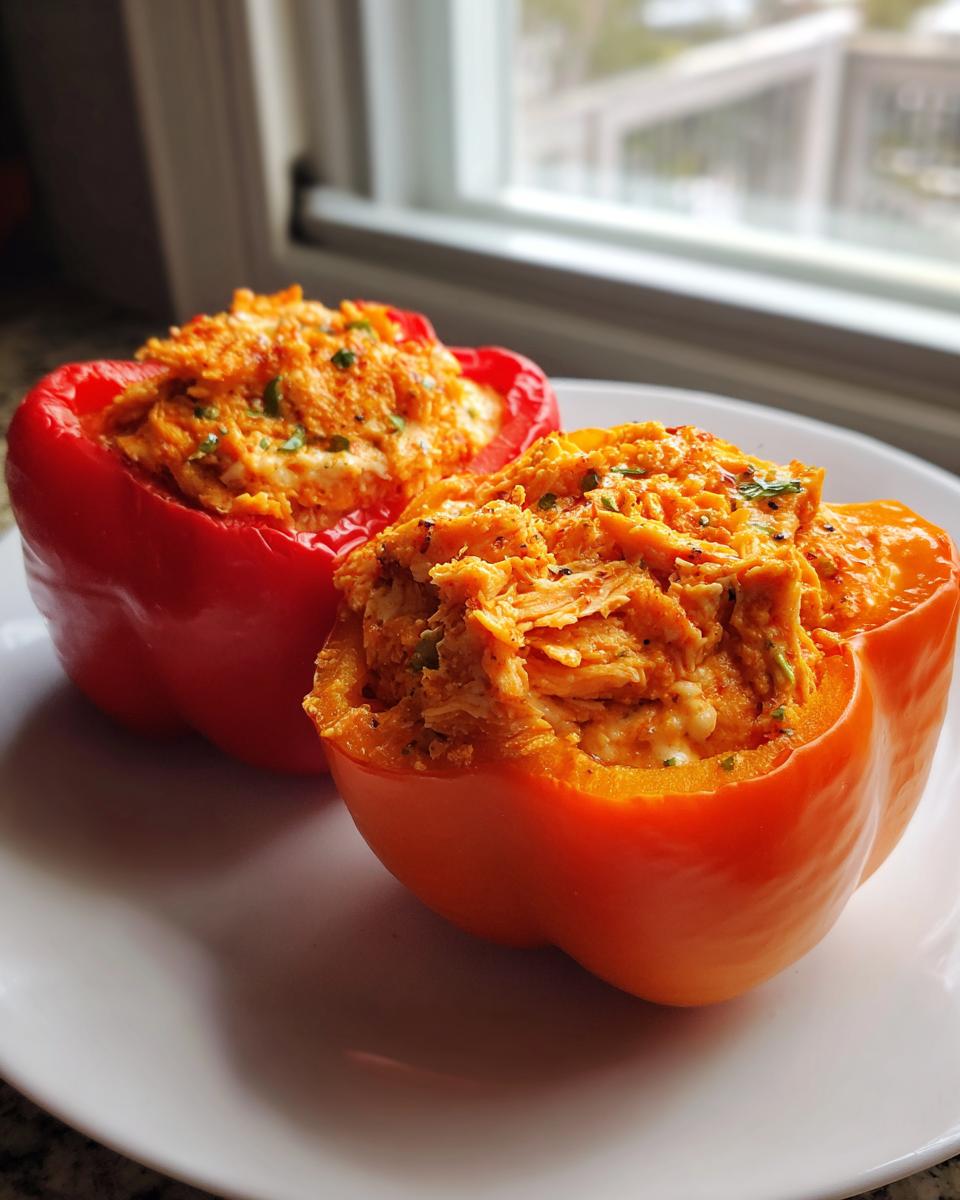 Two halves of buffalo chicken stuffed peppers, one red and one orange, filled with shredded chicken mixture.