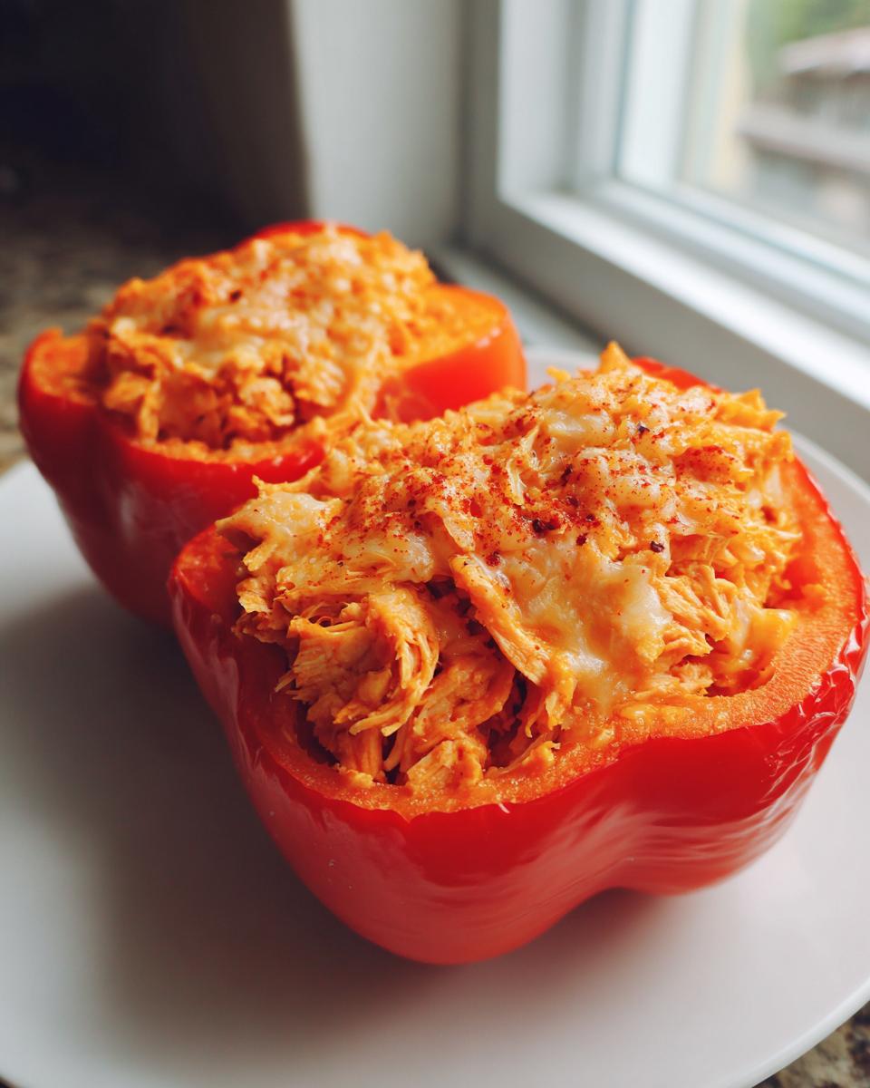 Two halves of bright red bell peppers filled with shredded buffalo chicken and melted cheese, ready to eat.