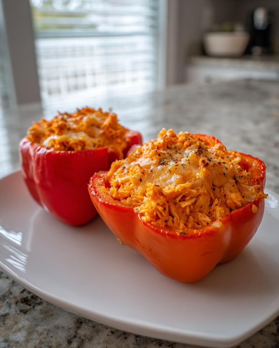 Two vibrant buffalo chicken stuffed peppers, one red and one orange, topped with melted cheese, served on a white plate.