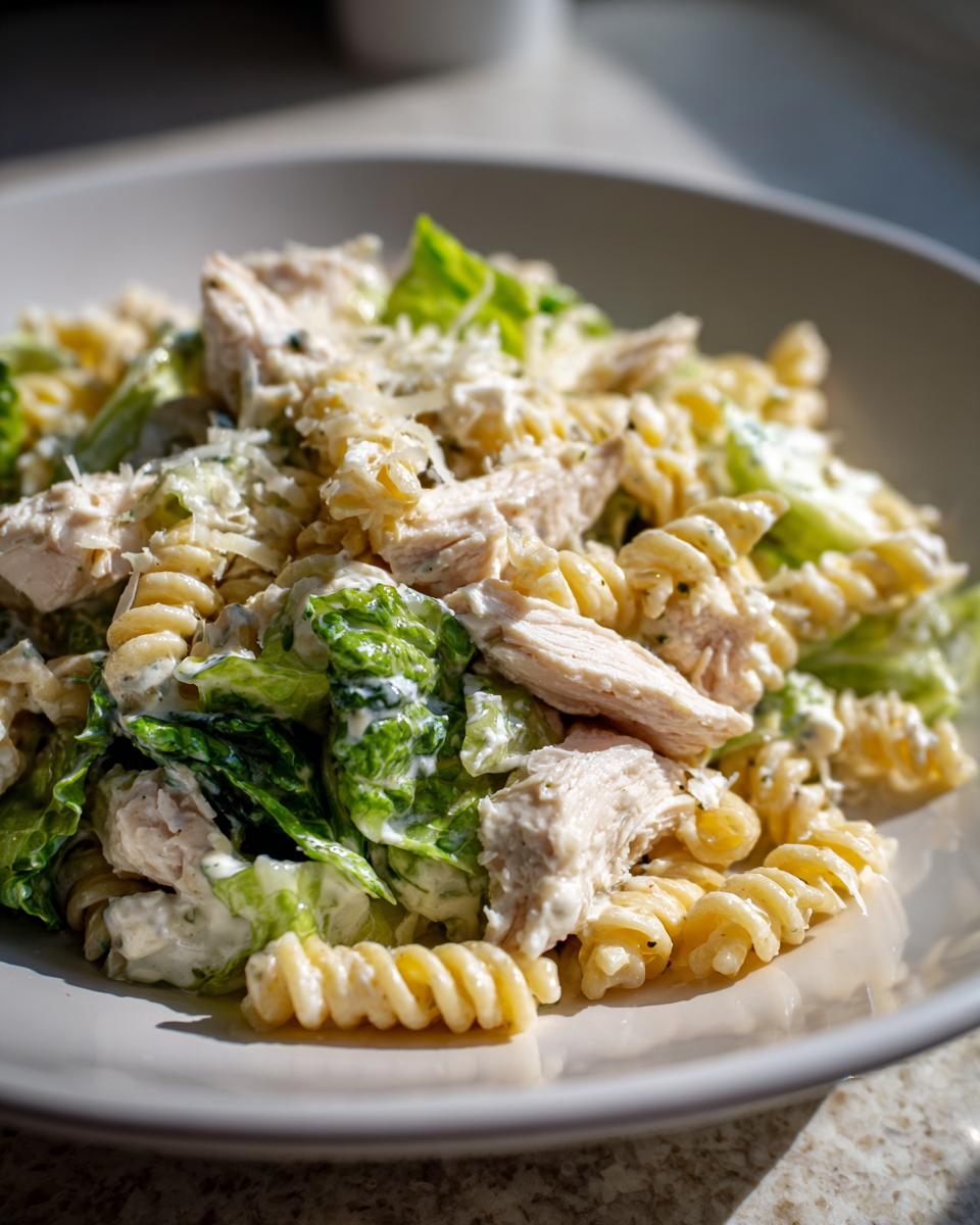Close-up of creamy caesar chicken pasta salad featuring rotini pasta, grilled chicken pieces, and romaine lettuce.