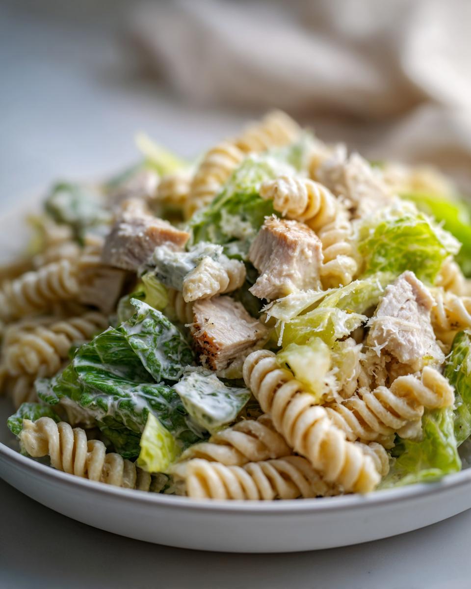 A close-up of a white bowl filled with caesar chicken pasta salad featuring rotini pasta, romaine lettuce, and diced chicken.