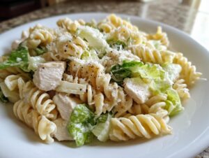 A close-up of a serving of caesar chicken pasta salad featuring rotini pasta, diced chicken, and romaine lettuce.