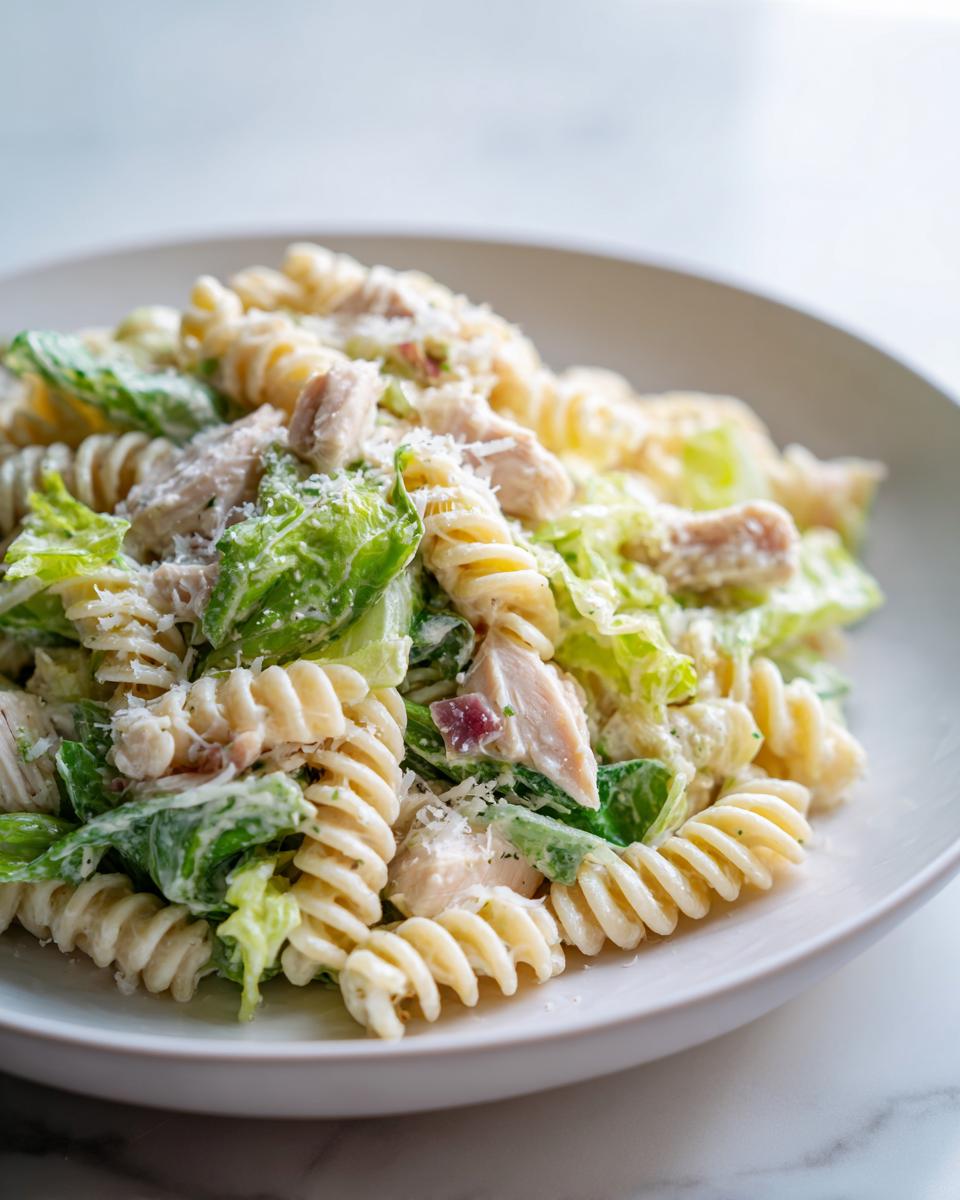 Close-up of a bowl of caesar chicken pasta salad featuring fusilli pasta, chicken pieces, and romaine lettuce.