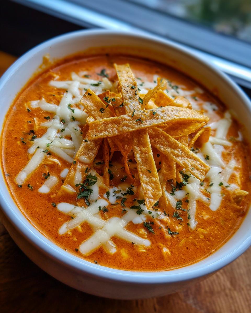 Close-up of a bowl of rich, orange cheesy chicken tortilla soup topped with shredded white cheese and tortilla strips.