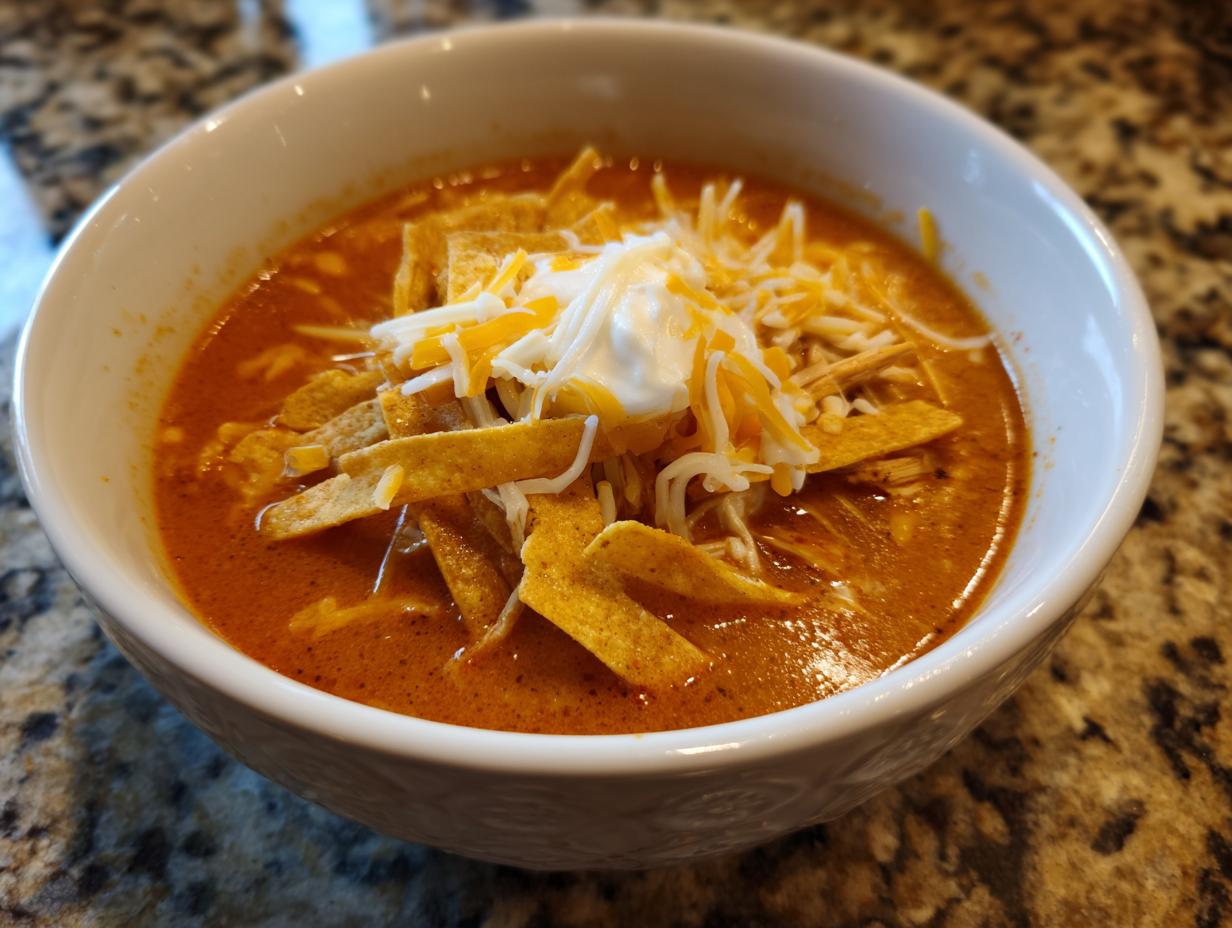 A close-up of a bowl of rich, orange cheesy chicken tortilla soup topped with tortilla strips, shredded cheese, and sour cream.