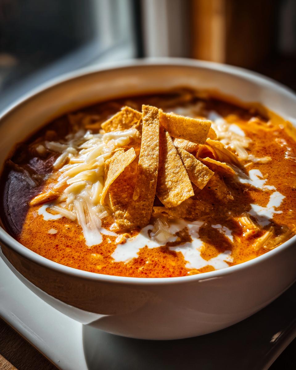 A rich, orange-red bowl of cheesy chicken tortilla soup topped with shredded cheese, tortilla strips, and a swirl of cream.
