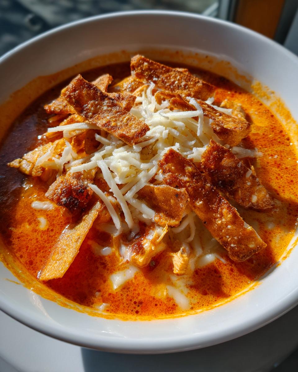 Close-up of a bowl of cheesy chicken tortilla soup topped with shredded cheese and crispy tortilla strips.