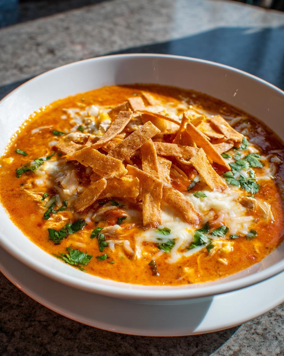 A vibrant bowl of cheesy chicken tortilla soup topped with melted cheese, crispy tortilla strips, and fresh cilantro.
