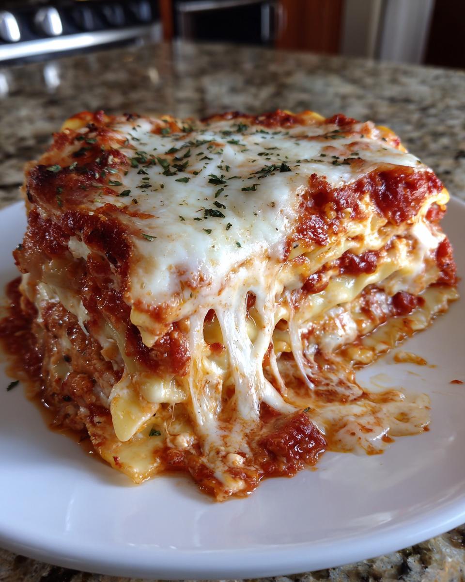 A thick, cheesy slice of crockpot ravioli lasagna showing melted mozzarella stretching between layers, topped with herbs.
