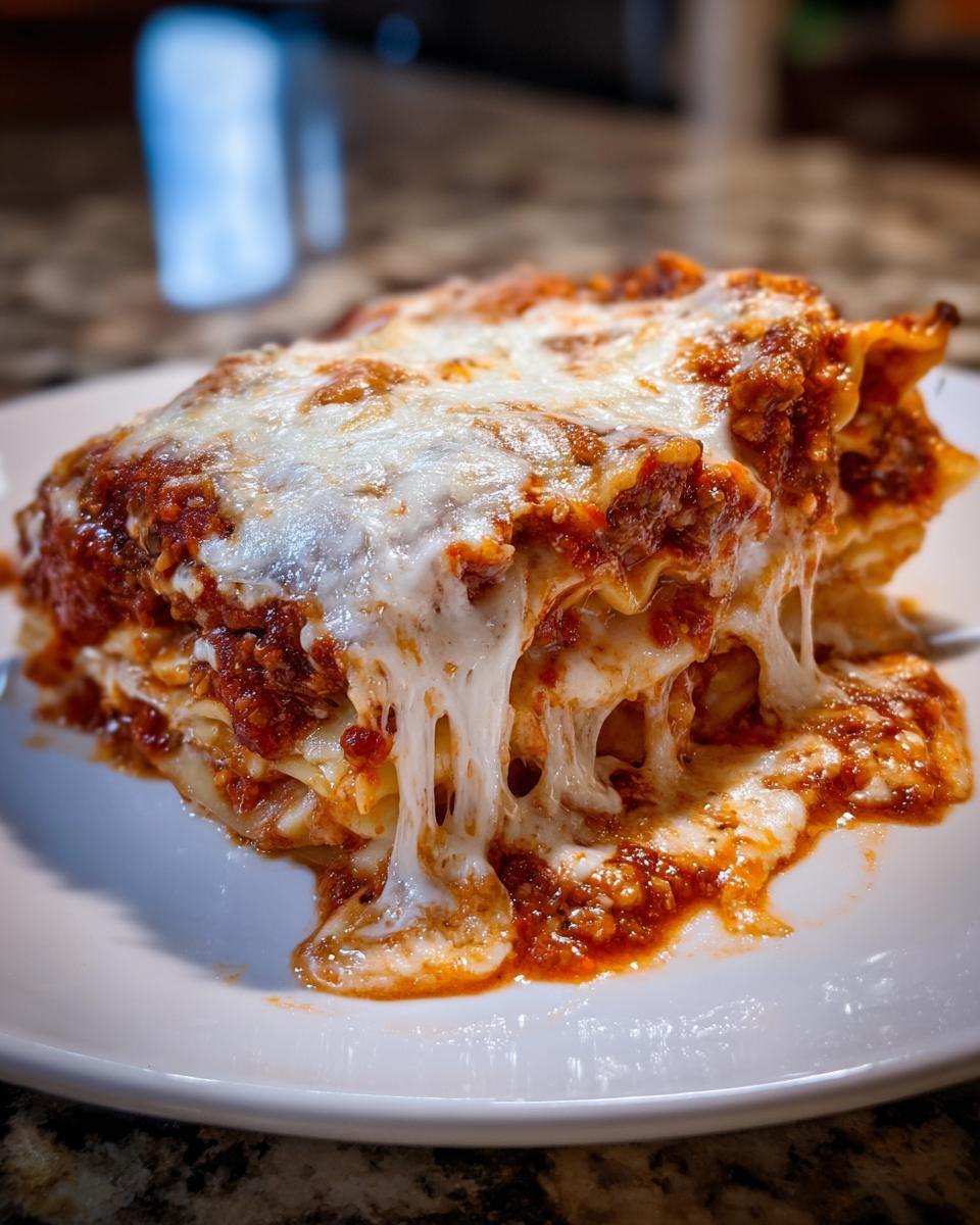 A mouthwatering slice of crockpot ravioli lasagna covered in melted, stringy mozzarella cheese and rich meat sauce.