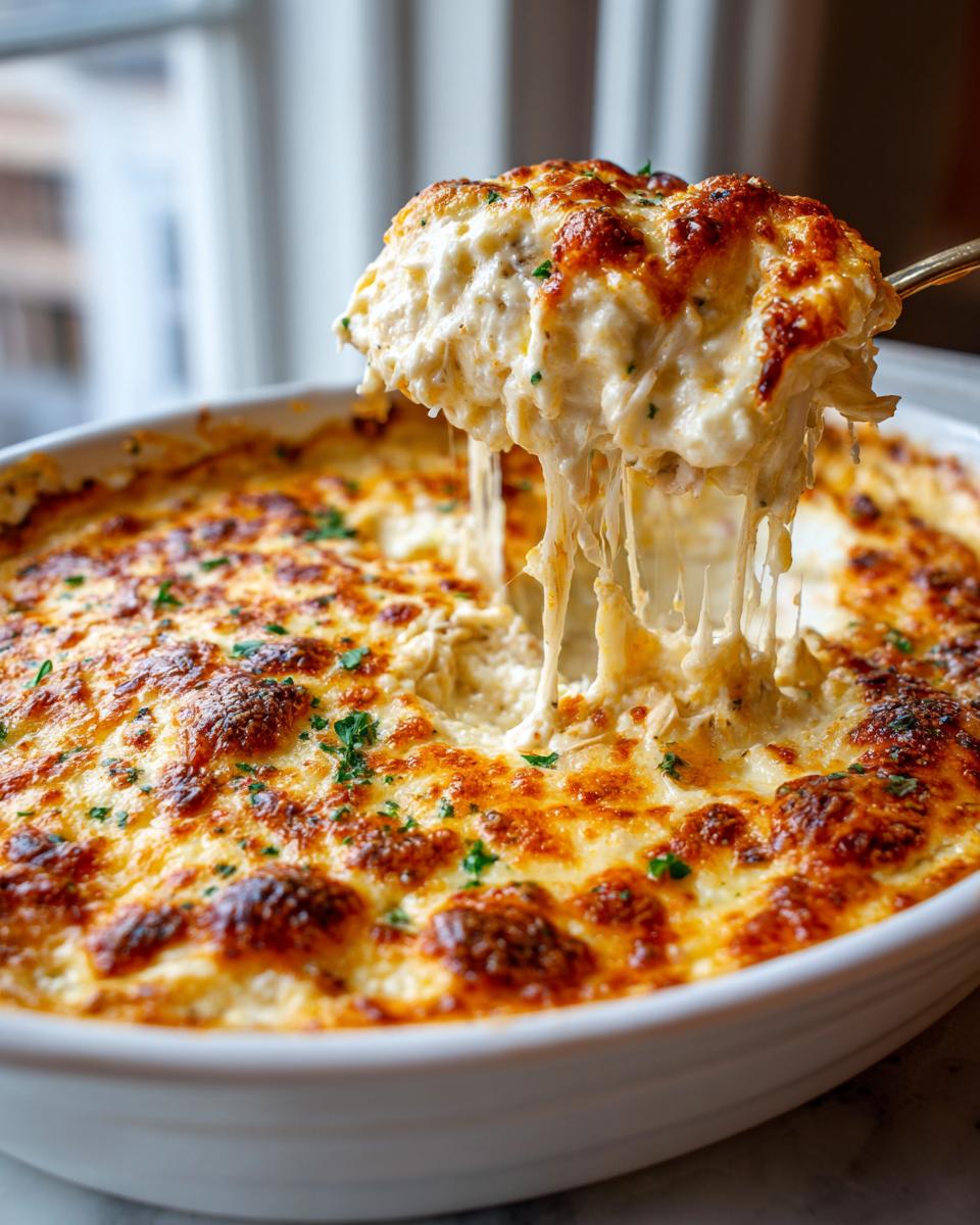 A spoonful of incredibly cheesy and bubbly hot crab dip being lifted from a white baking dish.
