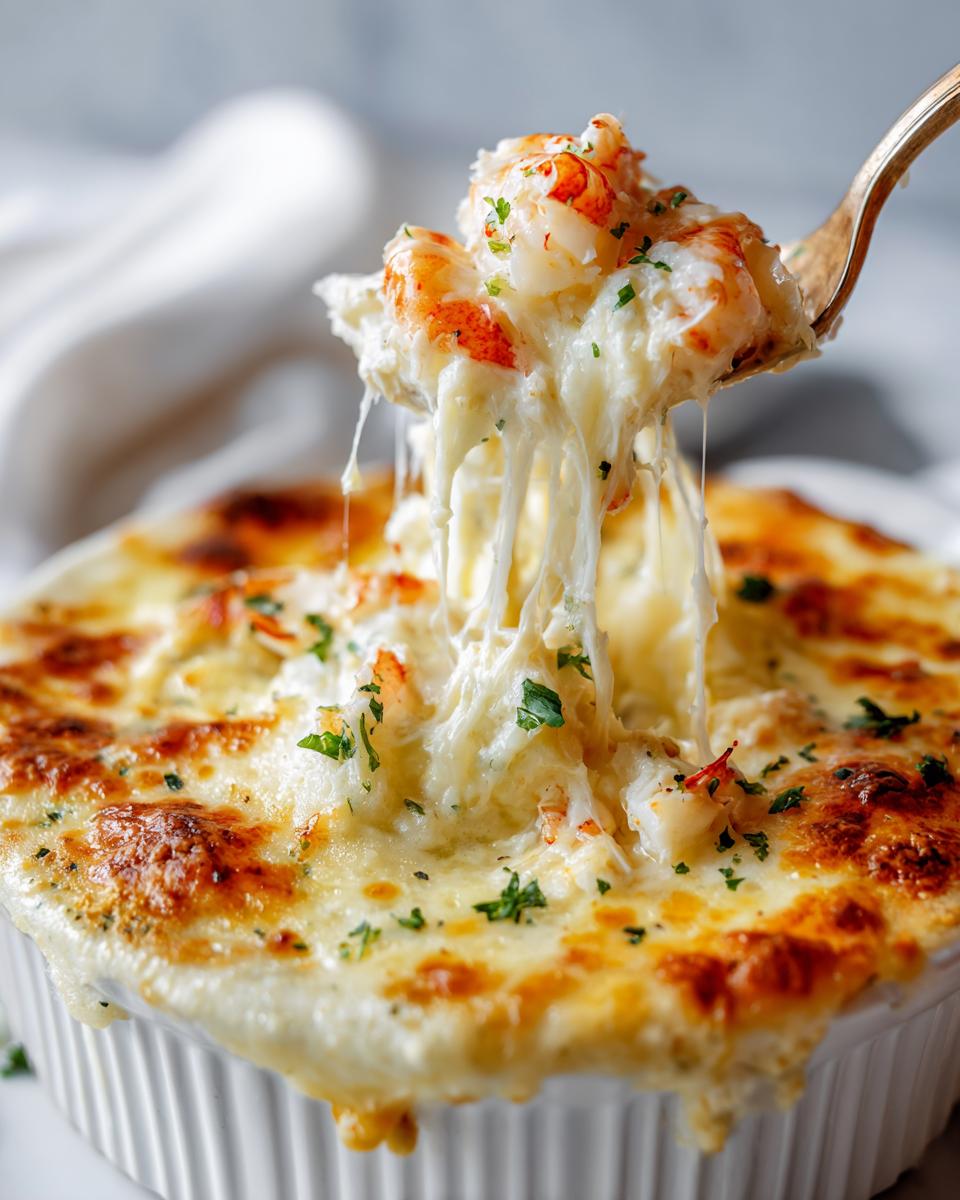 A spoonful of cheesy, creamy joes crab shack crab dip recipe being lifted, showing long cheese pulls and chunks of crab meat.
