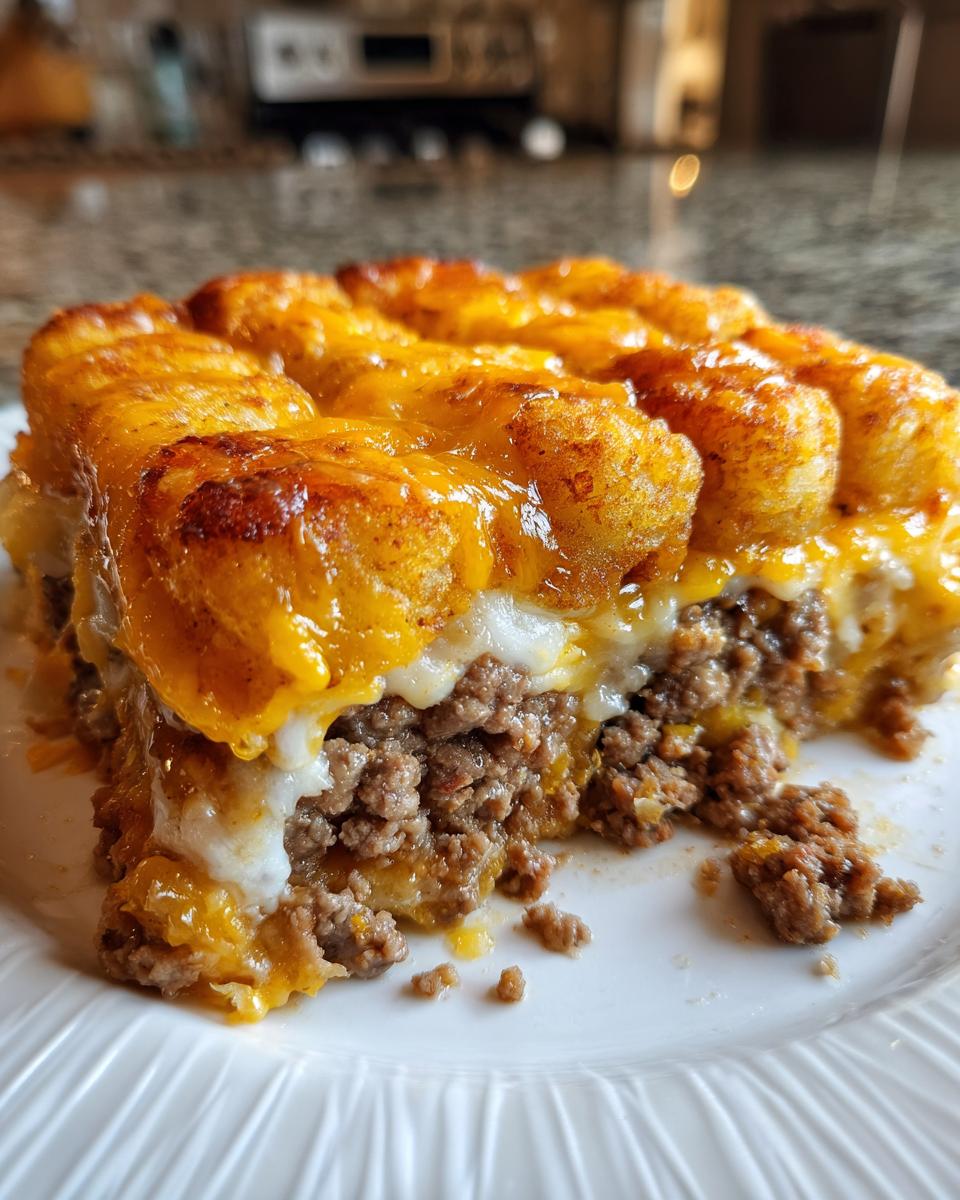 A close-up of a serving of cheesy tater tot meatloaf casserole showing layers of ground meat and melted cheddar cheese.