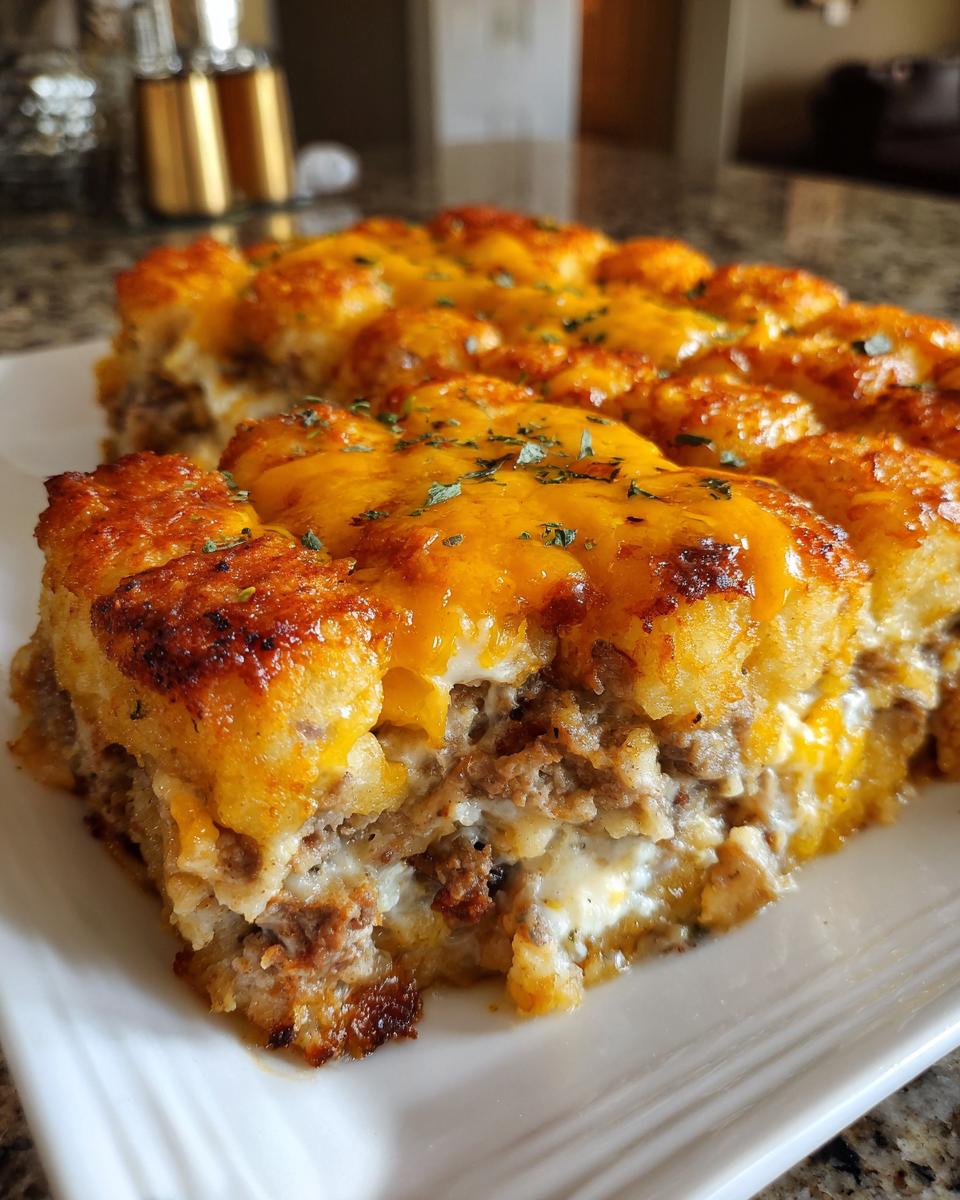 A close-up slice of cheesy tater tot meatloaf casserole showing layers of meat, cream sauce, and a golden, cheesy tater tot topping.