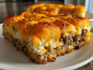 Close-up of a hearty slice of cheesy tater tot meatloaf casserole showing layers of ground meat and a crispy, cheesy tater tot topping.