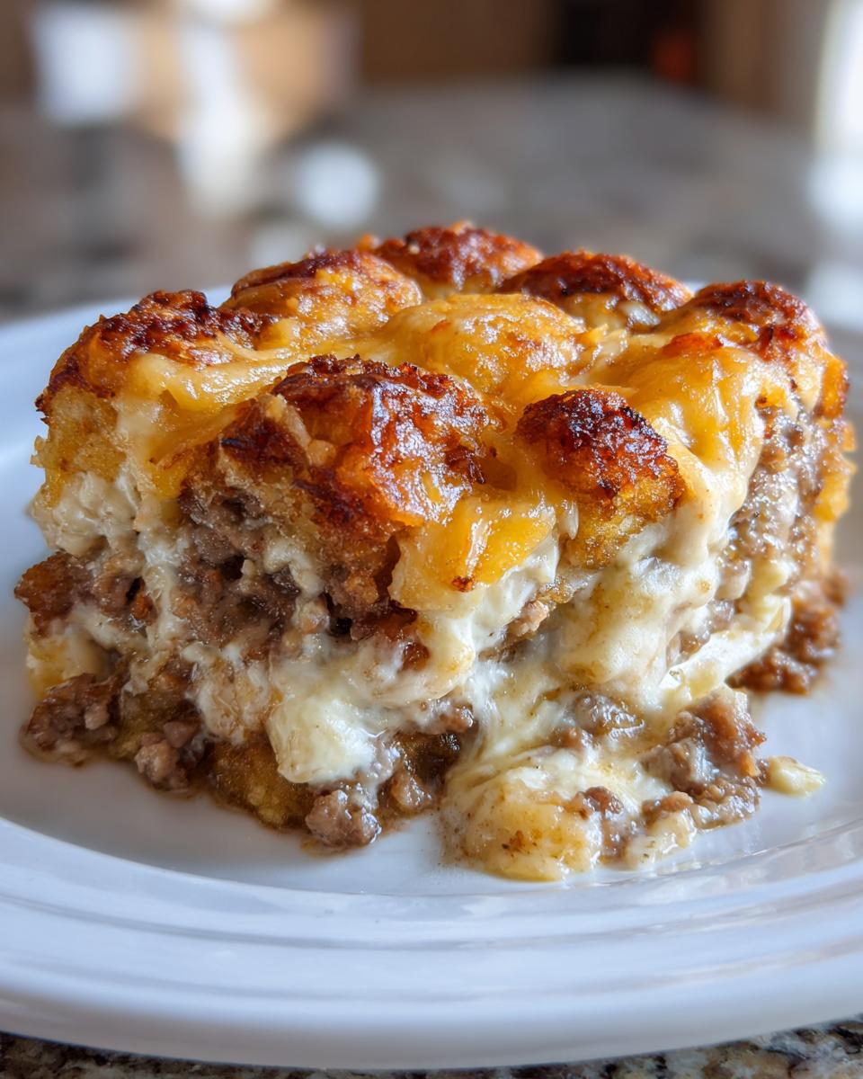 A close-up of a square serving of cheesy tater tot meatloaf casserole with a browned cheese topping.