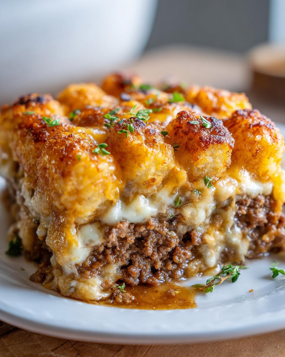 A close-up of a hearty slice of cheesy tater tot meatloaf casserole, showing browned tots, melted cheese, and seasoned ground beef.