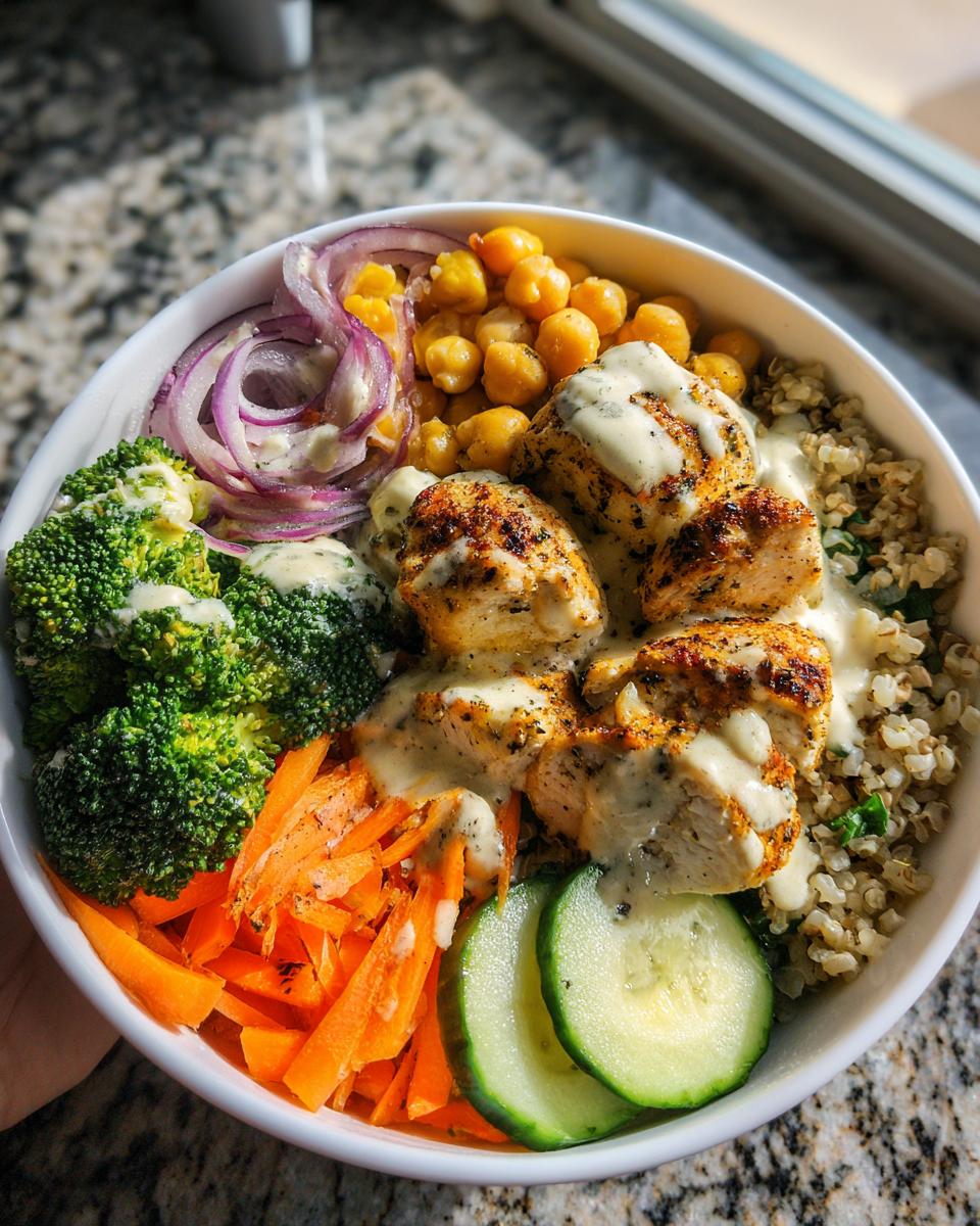 A vibrant chicken buddha bowl featuring seasoned chicken, quinoa, broccoli, carrots, chickpeas, and a creamy dressing.