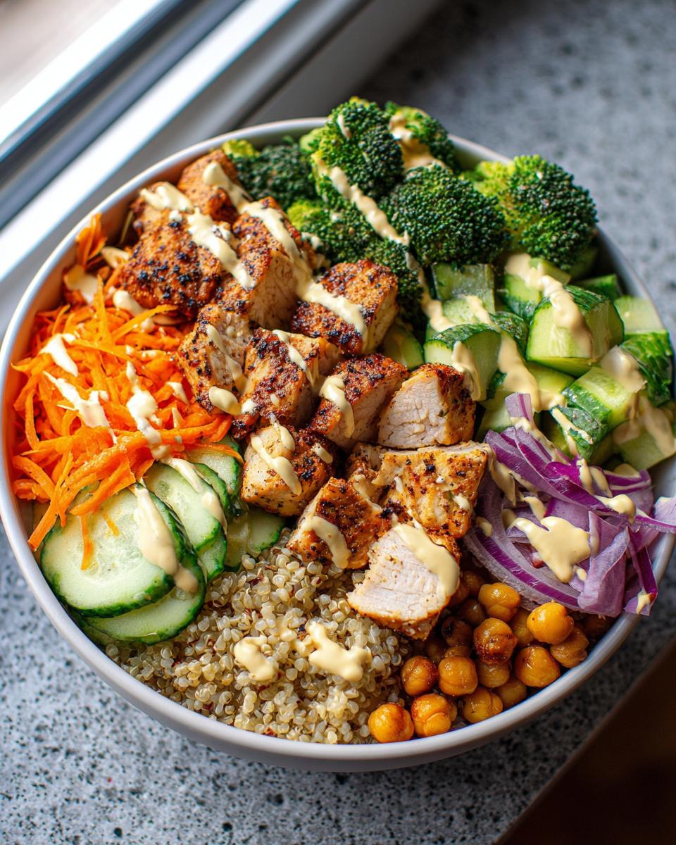 A vibrant chicken buddha bowl featuring seasoned chicken, quinoa, broccoli, carrots, cucumbers, chickpeas, and red onion with a creamy drizzle.