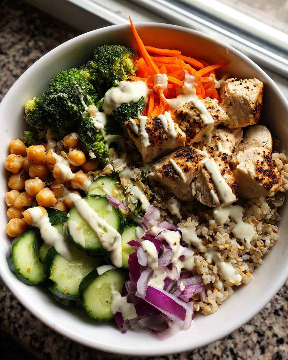 Overhead view of a vibrant chicken buddha bowl featuring grilled chicken, broccoli, carrots, chickpeas, and creamy dressing.