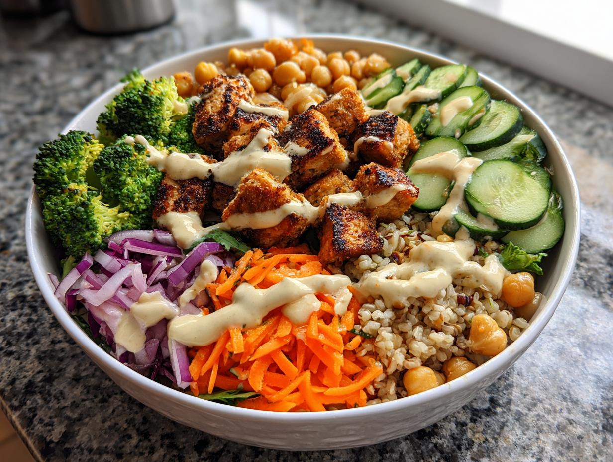 A vibrant chicken buddha bowl featuring seasoned chicken pieces, broccoli, shredded carrots, red onion, cucumbers, and chickpeas over grains, drizzled with dressing.