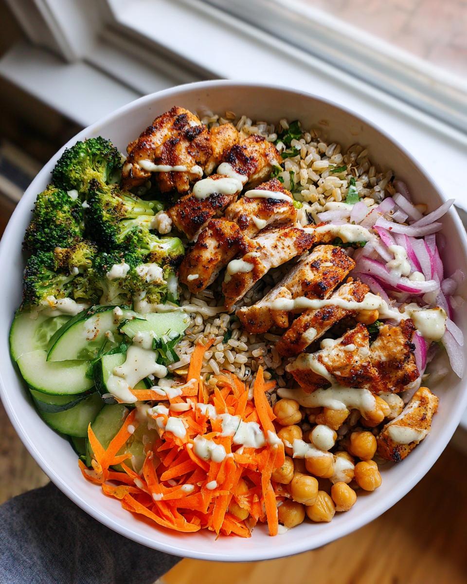 Overhead view of a vibrant chicken buddha bowl featuring grilled chicken, brown rice, broccoli, carrots, chickpeas, and a creamy dressing.