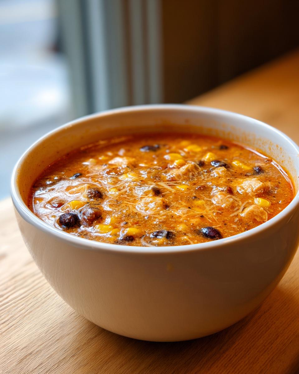Close-up of a white bowl filled with rich, orange-red chicken taco soup containing shredded chicken, black beans, and corn.