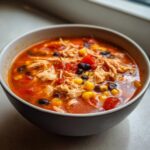 Close-up of a bowl filled with vibrant chicken taco soup crock pot, featuring shredded chicken, black beans, corn, and tomatoes.
