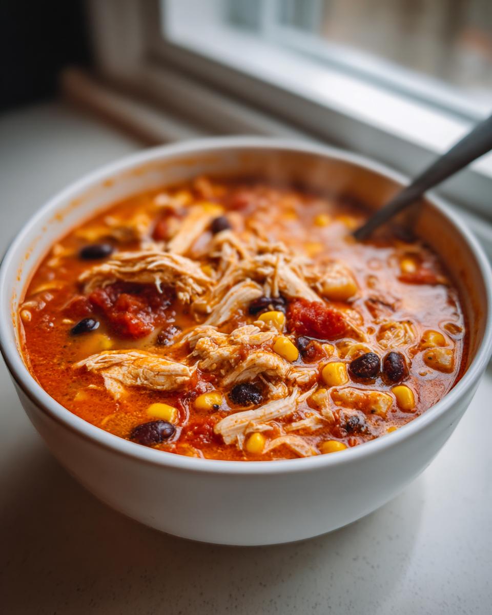 Close-up of a white bowl filled with steaming chicken taco soup crock pot, featuring shredded chicken, black beans, and corn.