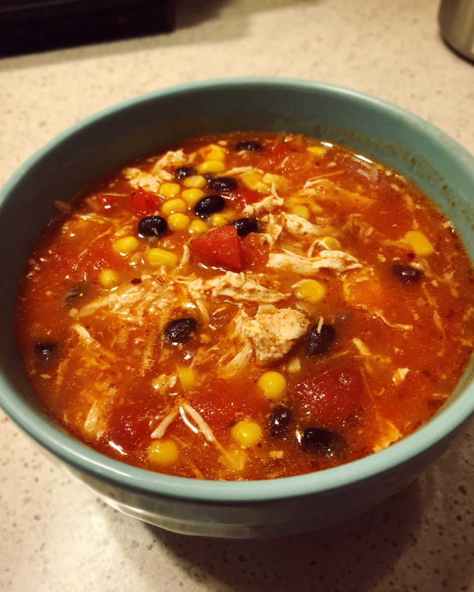 A close-up bowl of rich, red chicken taco soup crock pot filled with shredded chicken, corn, and black beans.