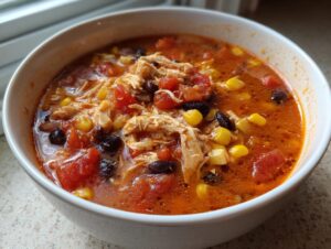 Close-up of a bowl of rich chicken taco soup crock pot filled with shredded chicken, corn, black beans, and tomatoes.