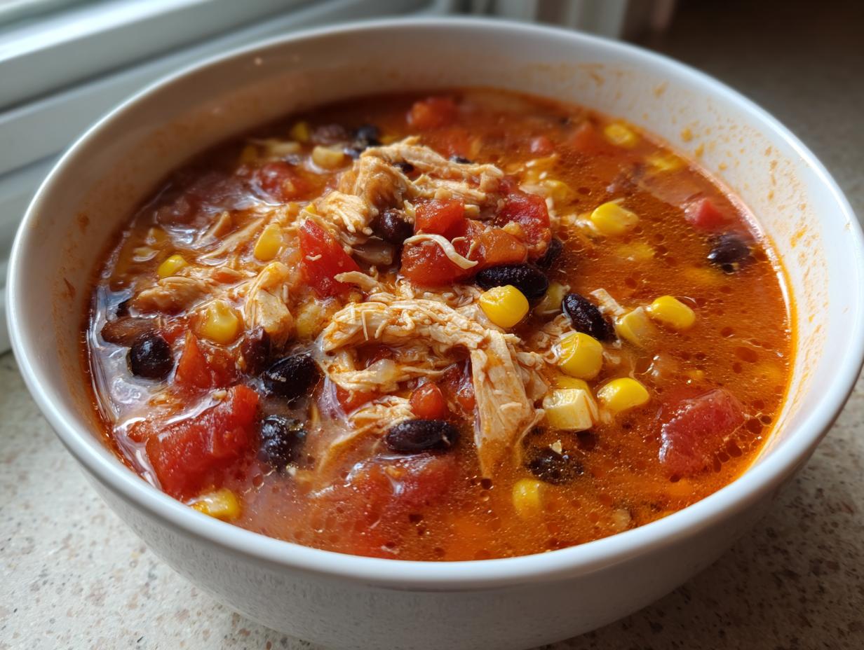 Close-up of a bowl of rich chicken taco soup crock pot filled with shredded chicken, corn, black beans, and tomatoes.