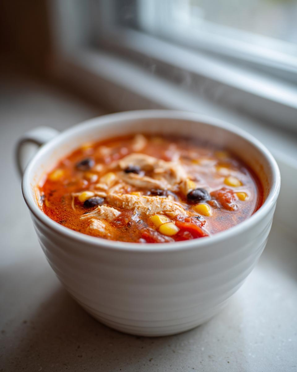 Close-up of a steaming white mug filled with rich, red chicken taco soup crock pot, showing shredded chicken, corn, and black beans.