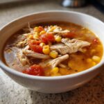 Close-up of a bowl of flavorful chicken tortilla soup instant pot recipe, featuring shredded chicken, corn, and diced tomatoes.
