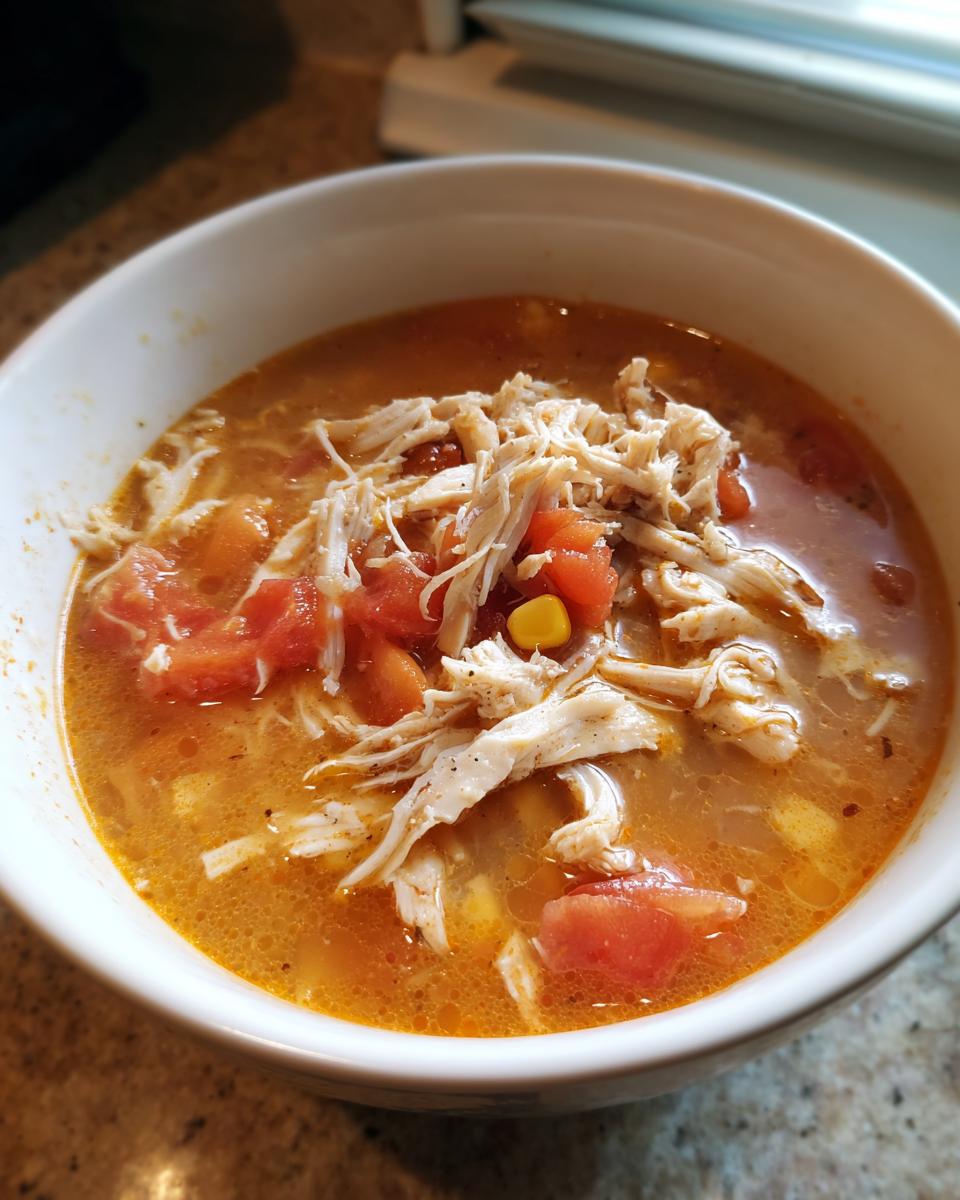 Close-up of a white bowl filled with shredded chicken tortilla soup instant pot, showing broth, tomatoes, and corn.
