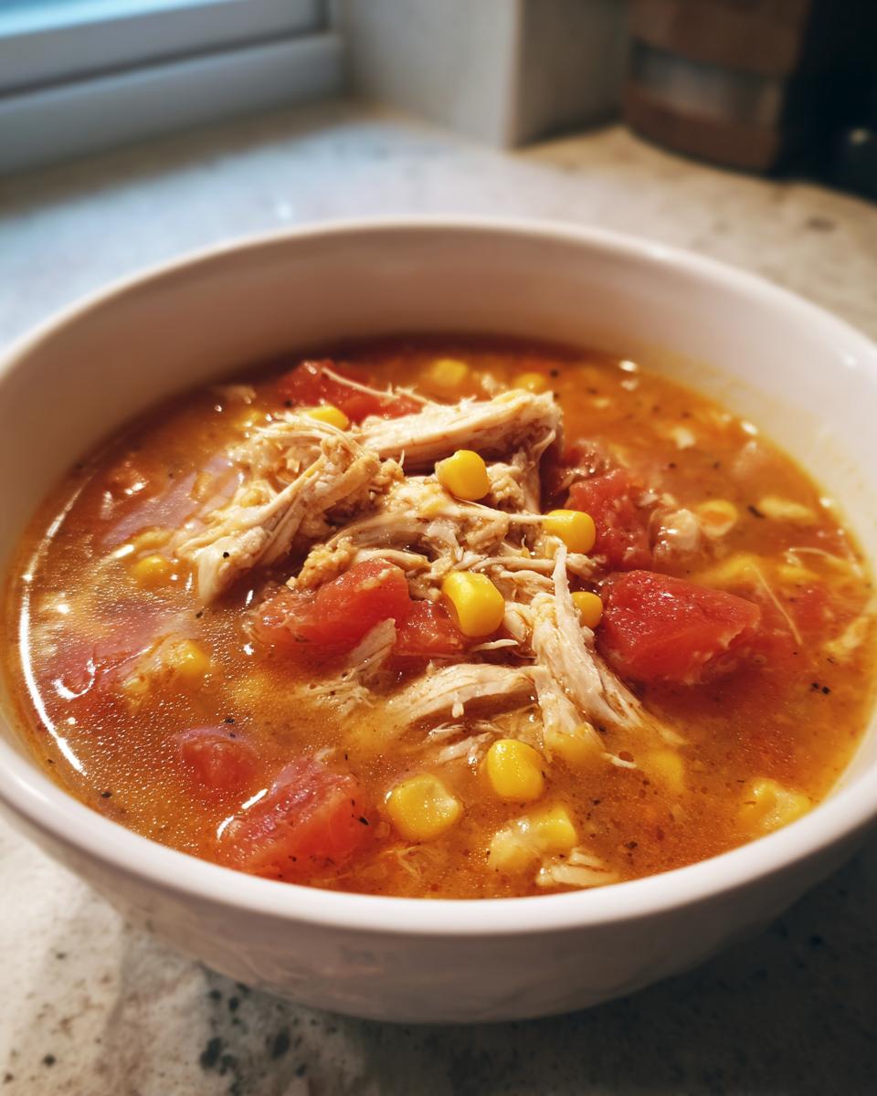 Close-up of a white bowl filled with flavorful chicken tortilla soup instant pot, topped with shredded chicken, corn, and diced tomatoes.