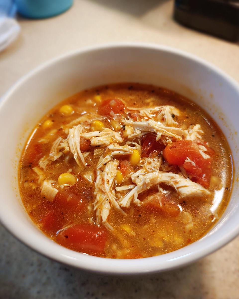 Close-up of a hearty bowl of chicken tortilla soup instant pot with shredded chicken, corn, and tomatoes.