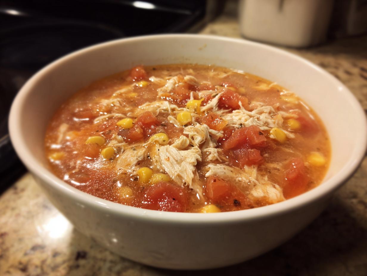 A close-up of a white bowl filled with rich chicken tortilla soup instant pot style, featuring shredded chicken, tomatoes, and corn.