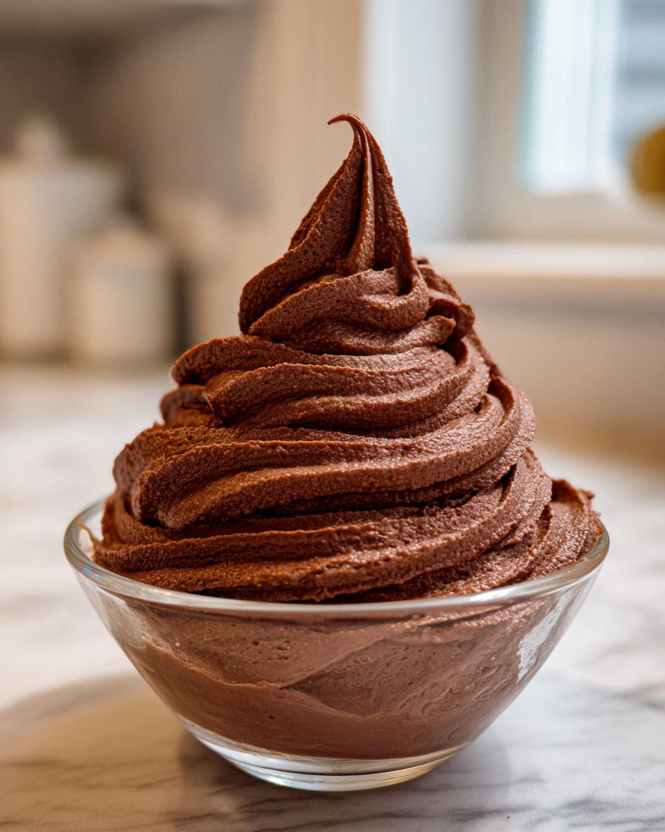 A perfectly piped swirl of rich chocolate buttercream frosting in a small glass bowl.