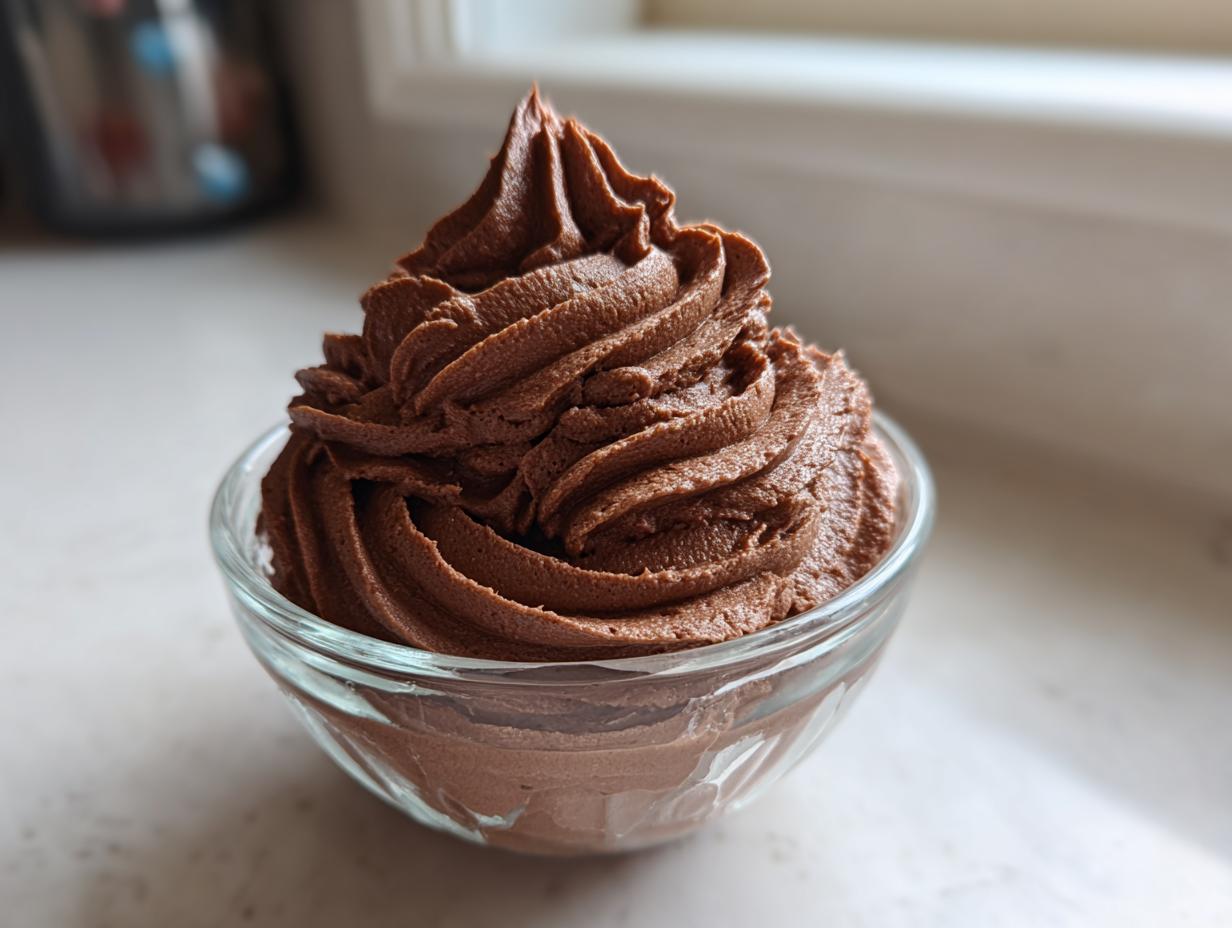 A perfect swirl of rich, dark chocolate buttercream frosting piped into a small glass bowl.