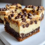 Close-up of a layered chocolate chip cheesecake cookie bars square showing brownie, cheesecake, and cookie topping.