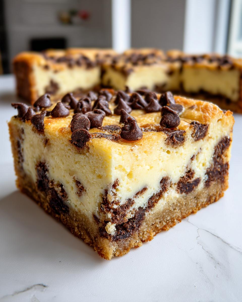 Close-up of a rich chocolate chip cheesecake cookie bars slice with a thick crust and chocolate chips on top.