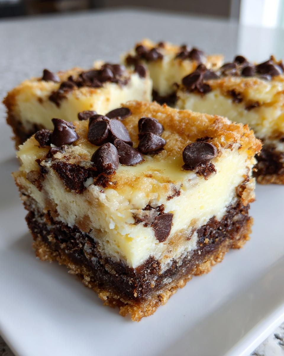 A close-up of a square chocolate chip cheesecake cookie bars slice showing the brownie base and creamy cheesecake top.