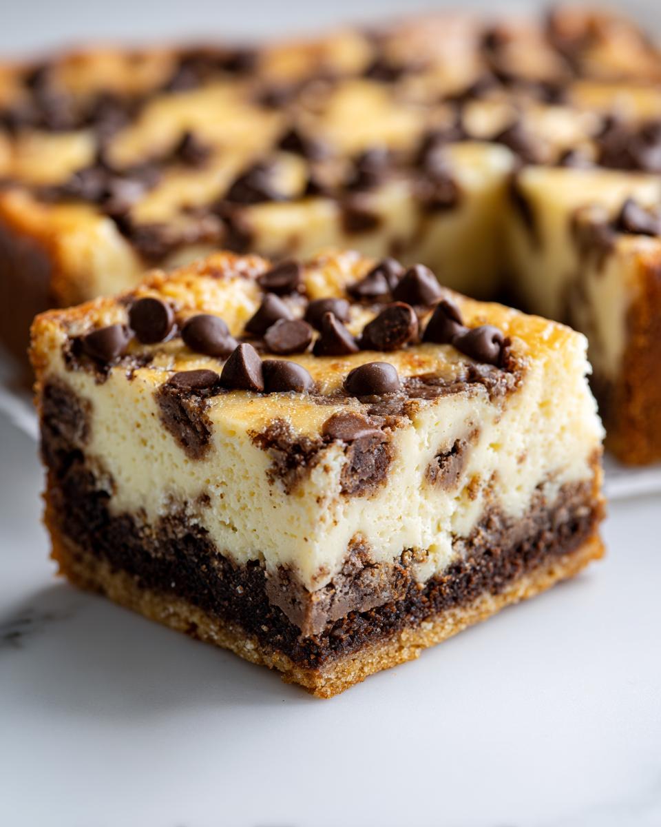 A close-up of a rich chocolate chip cheesecake cookie bars slice showing layers.