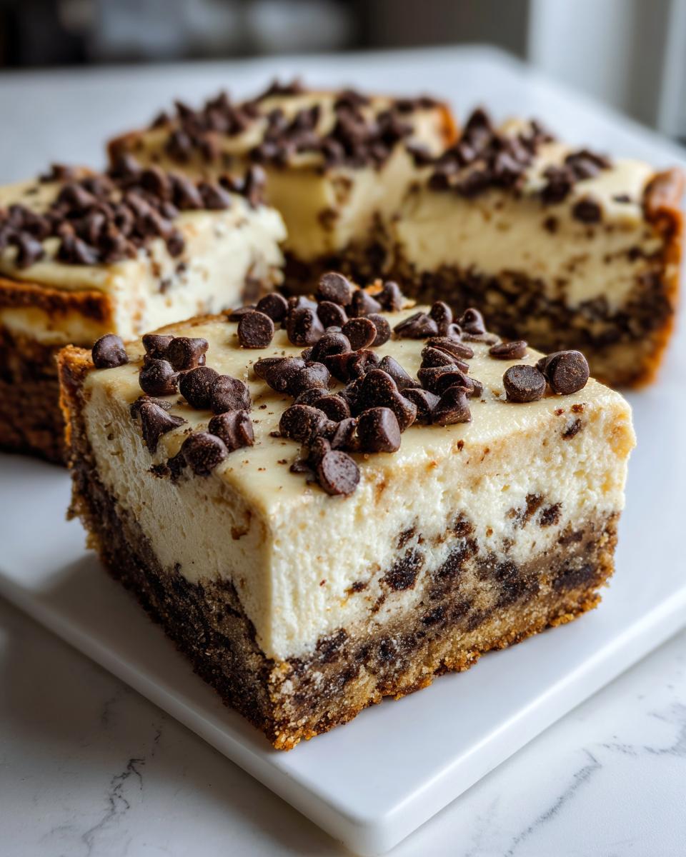 A thick slice of chocolate chip cheesecake cookie bars featuring a cookie base, creamy cheesecake layer, and topped with mini chocolate chips.