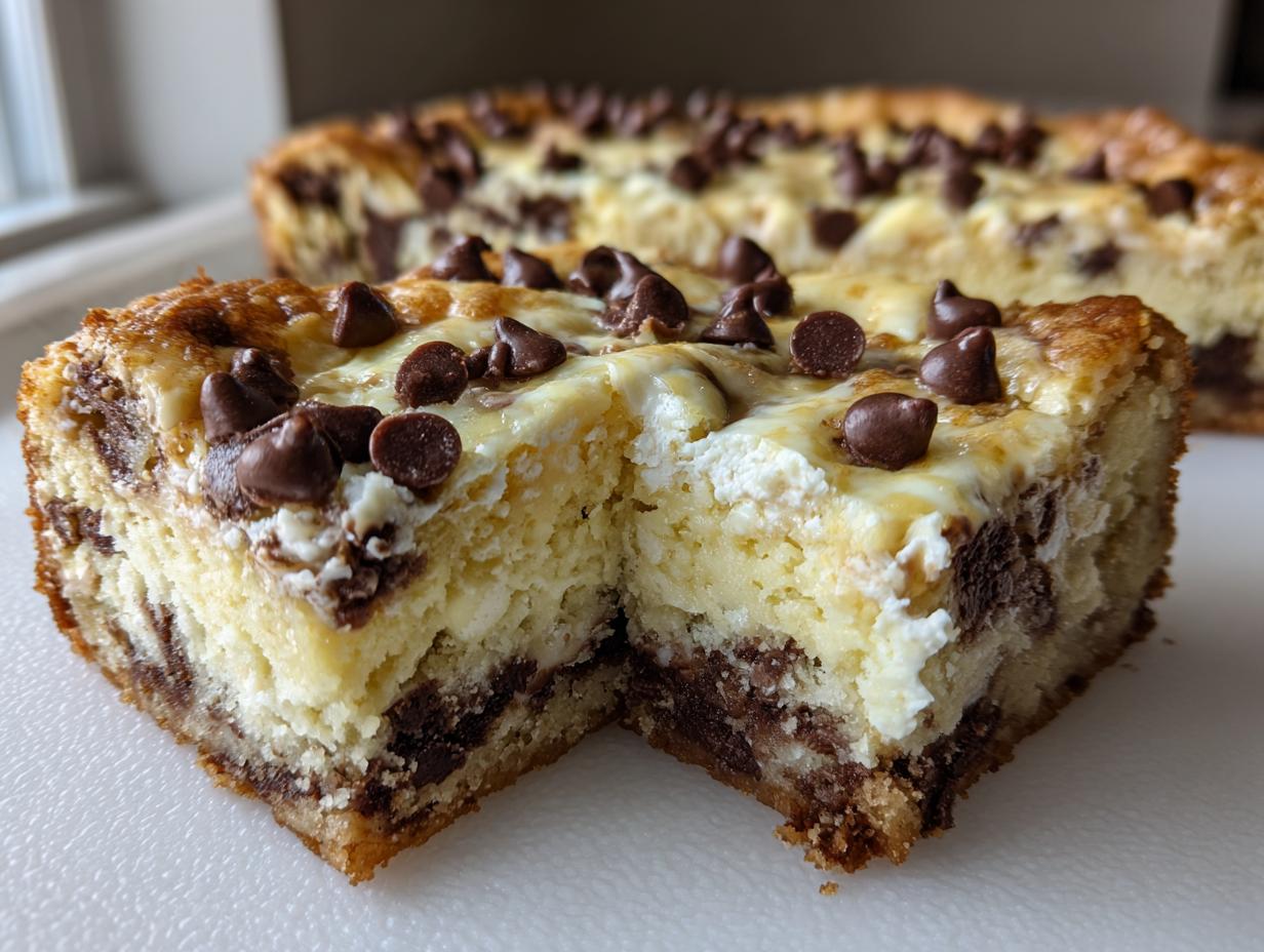 A rich, layered piece of chocolate chip cheesecake cookie bars cut in half, showing cheesecake swirl and chocolate chips.