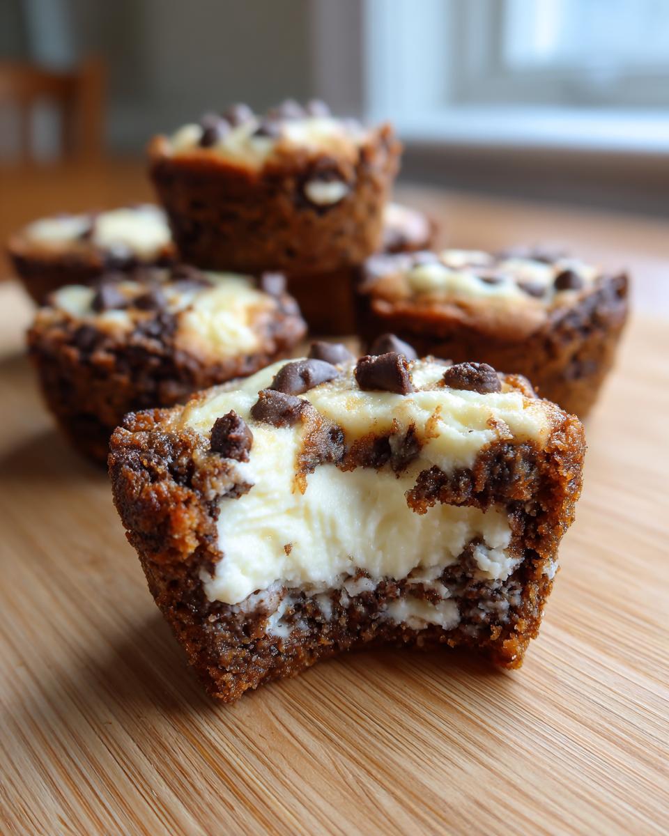 Close-up of a chocolate chip cheesecake cookie cup with a bite taken out, showing creamy filling.
