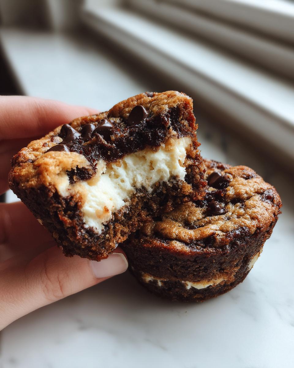 A hand holding a chocolate chip cheesecake cookie cup cut in half, showing the creamy white cheesecake filling inside.
